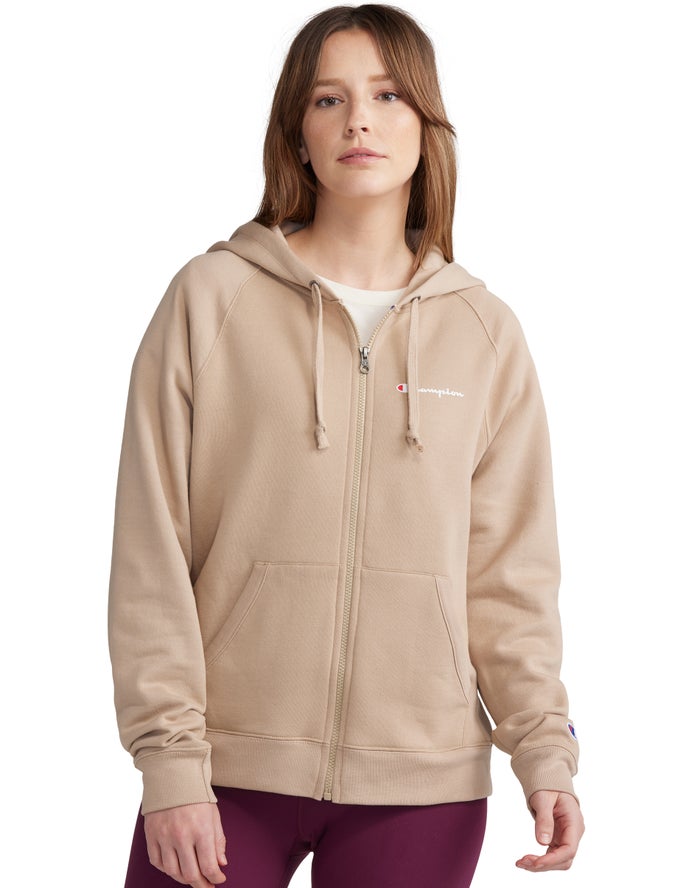 Champion Dame Hættetrøje Khaki - Powerblend Fleece Full Zip - Danmark IDN-657398